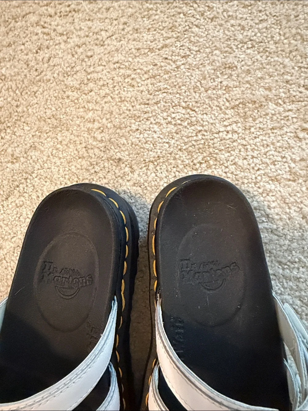 Dr. Martens White Triple-Strap Slide Sandals with Yellow Stitching